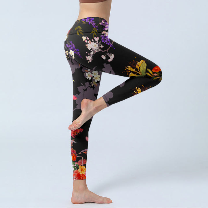 Leggings de sport à imprimé fleurs colorées noires Buddha Stones Pantalon de yoga pour femme - image 4