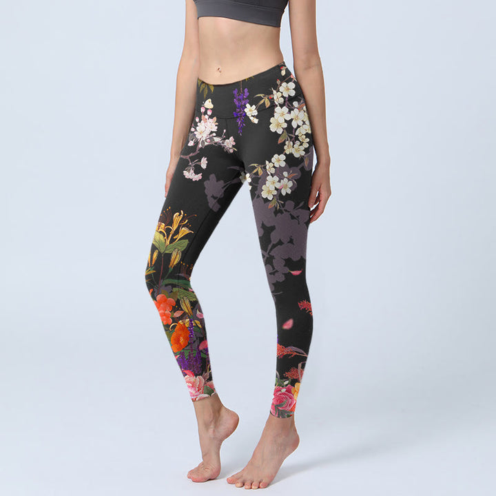 Leggings de sport à imprimé fleurs colorées noires Buddha Stones Pantalon de yoga pour femme - Noir - US18，UK/AU22，EU50 (4XL) - image 1