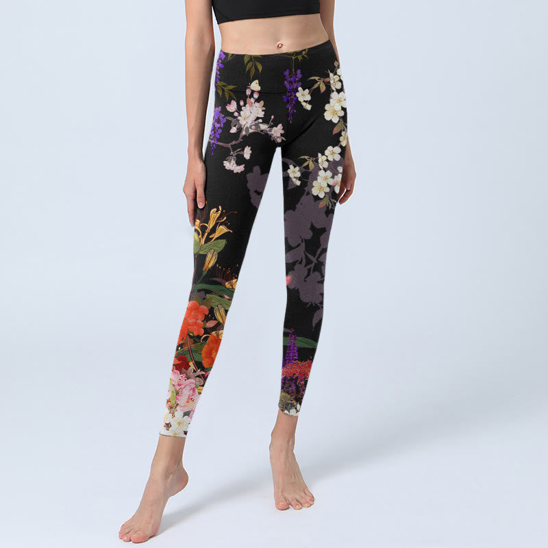 Leggings de sport à imprimé fleurs colorées noires Buddha Stones Pantalon de yoga pour femme - image 5