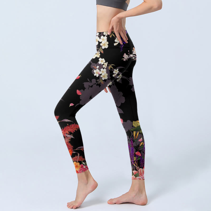 Leggings de sport à imprimé fleurs colorées noires Buddha Stones Pantalon de yoga pour femme - image 3