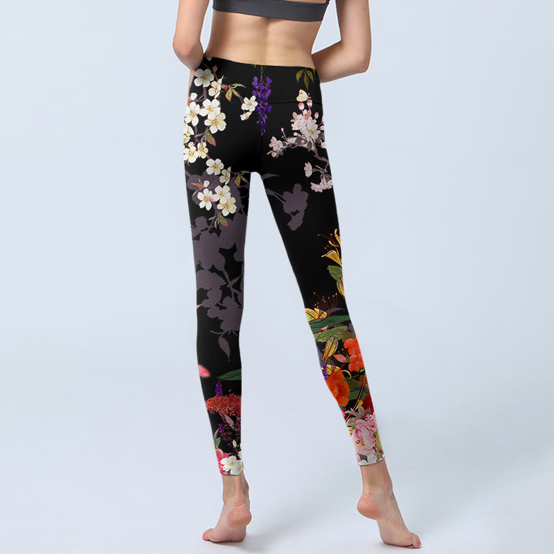 Leggings de sport à imprimé fleurs colorées noires Buddha Stones Pantalon de yoga pour femme - image 6