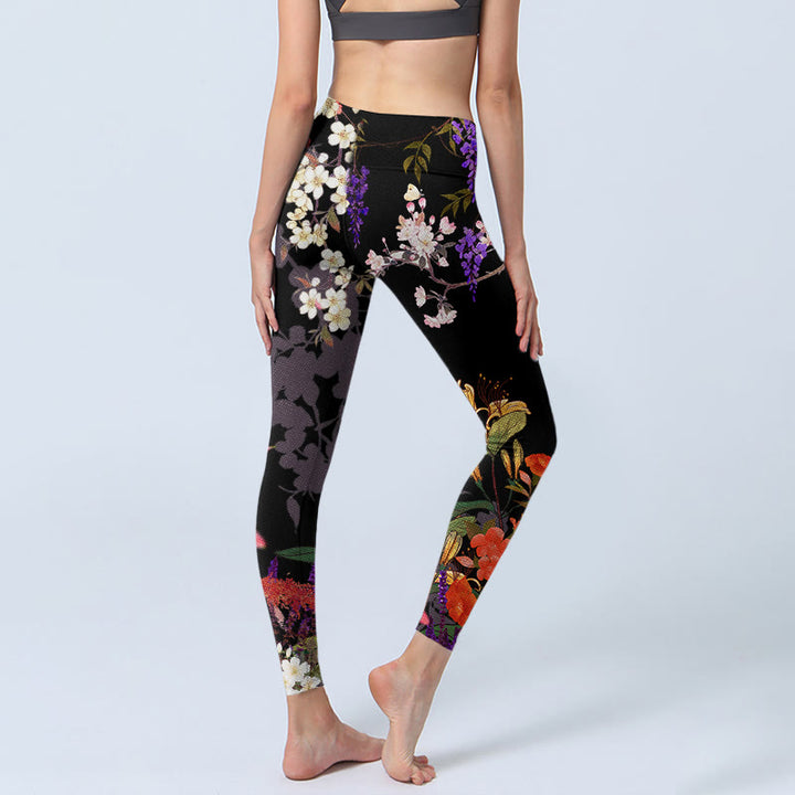 Leggings de sport à imprimé fleurs colorées noires Buddha Stones Pantalon de yoga pour femme - image 4