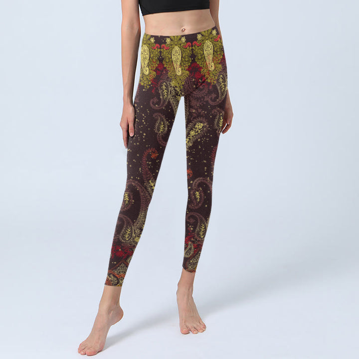 Leggings de sport à imprimé vignes de fleurs de cajou brun rougeâtre Buddha Stones Pantalon de yoga pour femme - image 5