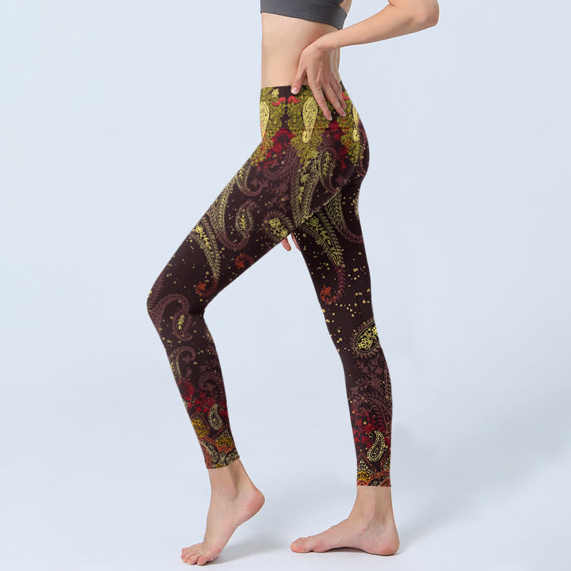 Leggings de sport à imprimé vignes de fleurs de cajou brun rougeâtre Buddha Stones Pantalon de yoga pour femme - image 2