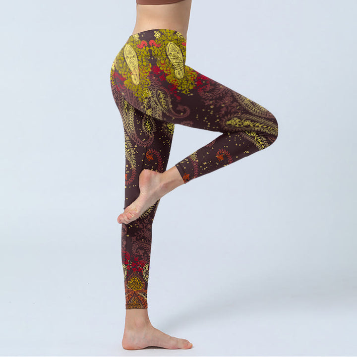 Leggings de sport à imprimé vignes de fleurs de cajou brun rougeâtre Buddha Stones Pantalon de yoga pour femme - image 4