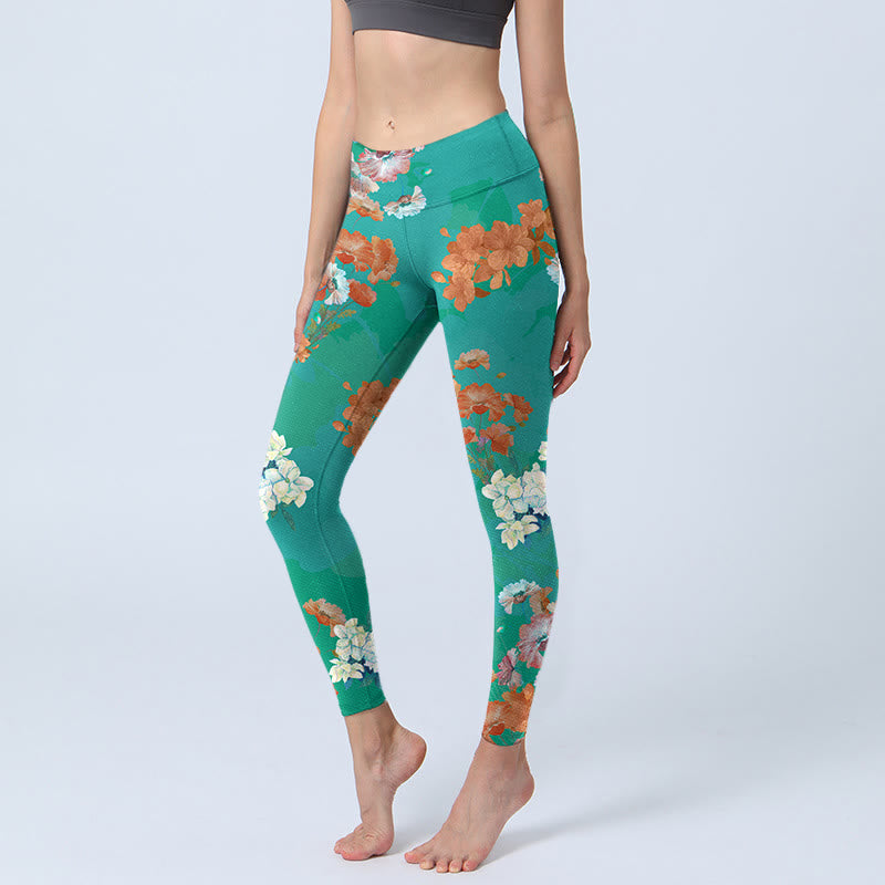 Pantalon de yoga pour femme avec imprimé floral vert orange beige Buddha Stones - Turquoise - US18，UK/AU22，EU50 (4XL) - image 0