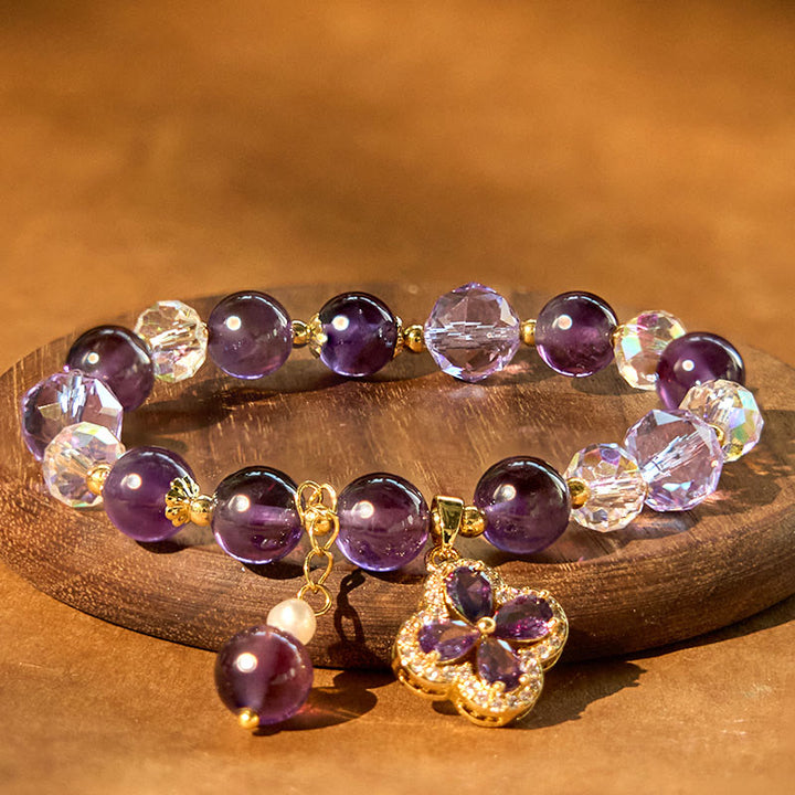 Bracelet de guérison spirituelle en cristal d'améthyste naturelle et trèfle à quatre feuilles de Buddha Stones