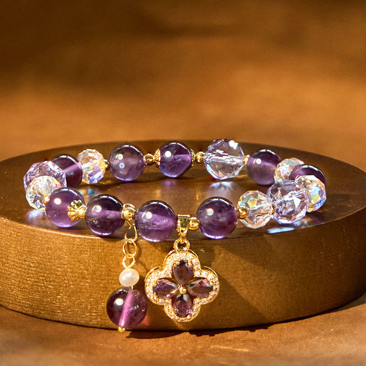 Bracelet de guérison spirituelle en cristal d'améthyste naturelle et trèfle à quatre feuilles de Buddha Stones