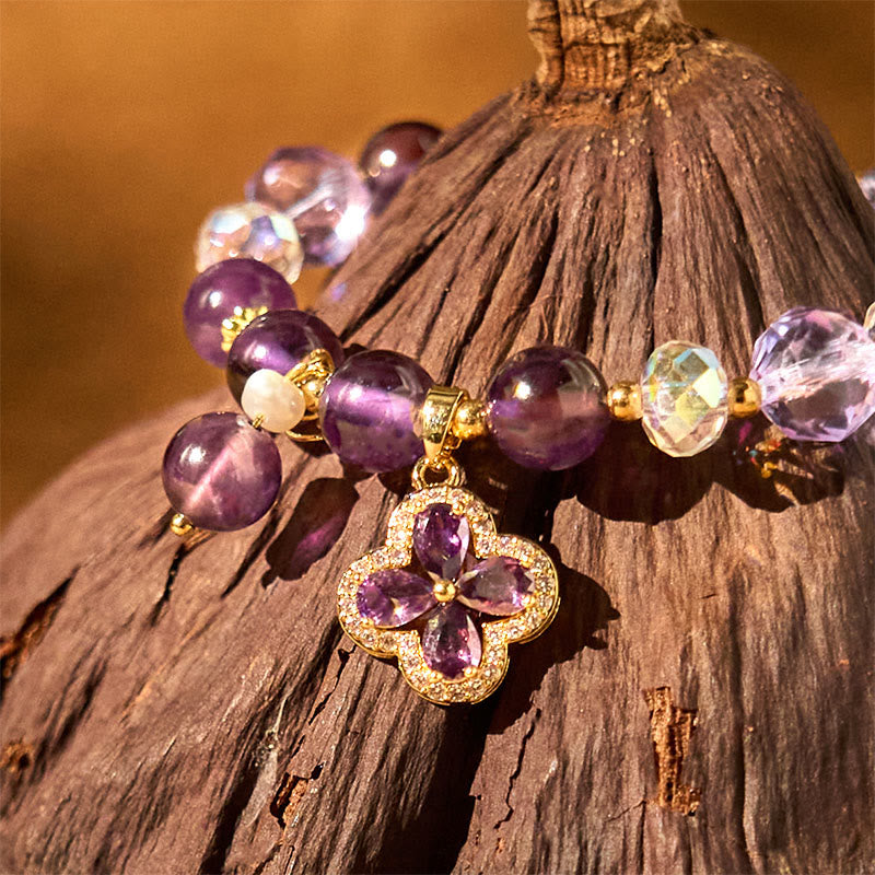 Bracelet de guérison spirituelle en cristal d'améthyste naturelle et trèfle à quatre feuilles de Buddha Stones