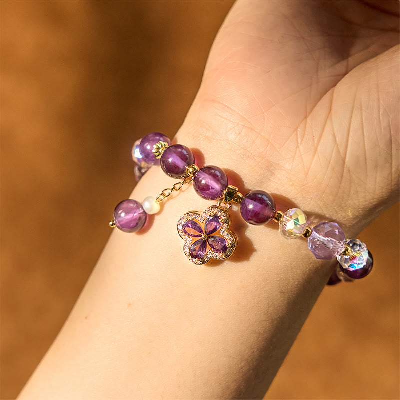 Bracelet de guérison spirituelle en cristal d'améthyste naturelle et trèfle à quatre feuilles de Buddha Stones