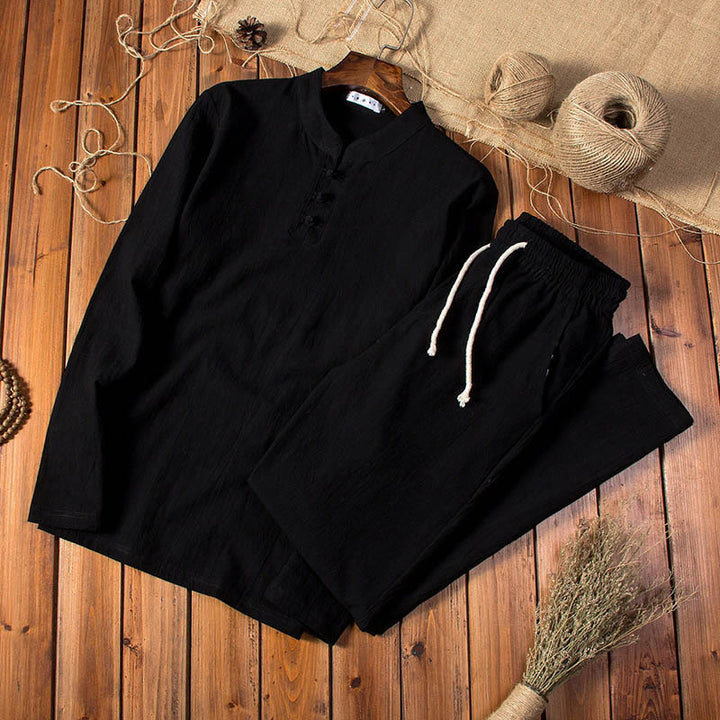 Ensemble haut et pantalon à manches longues en coton et lin de couleur pure avec Buddha Stones pour homme - Noir - États-Unis/Royaume-Uni/AU 44, EU 54 (5XL) - image 10