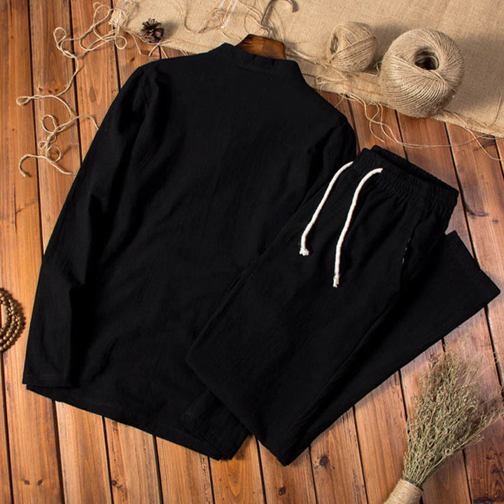 Ensemble haut et pantalon à manches longues en coton et lin de couleur pure avec Buddha Stones pour homme - image 11