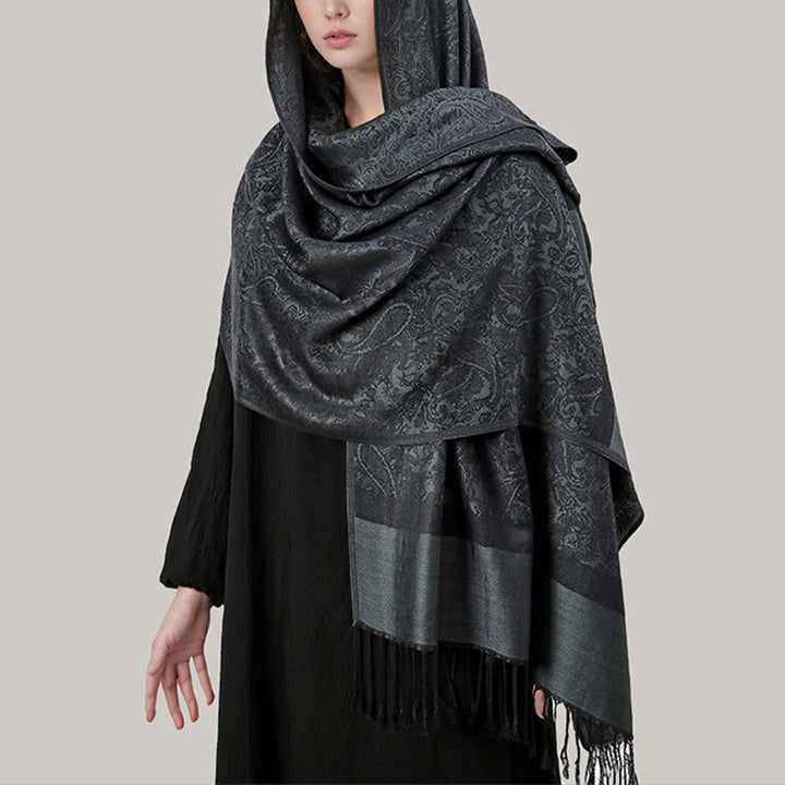 Châle tibétain en jacquard à pompons et Buddha Stones , idéal pour le printemps, l'automne et l'hiver. Écharpe chaude et confortable. - Gris ardoise 180*70cm - image 26