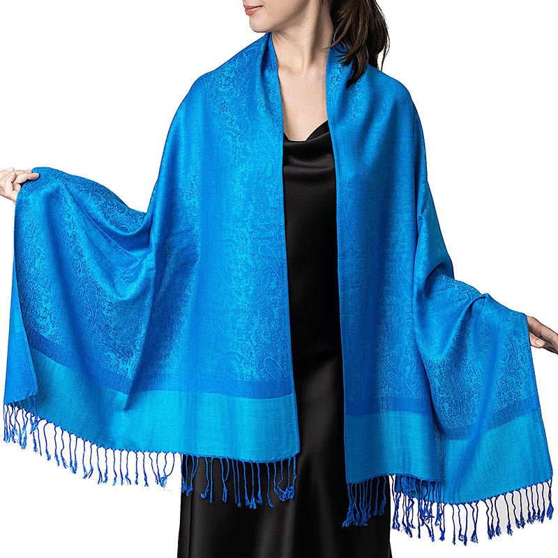Châle tibétain en jacquard à pompons et Buddha Stones , idéal pour le printemps, l'automne et l'hiver. Écharpe chaude et confortable. - Bleu ciel profond 180*70cm - image 47