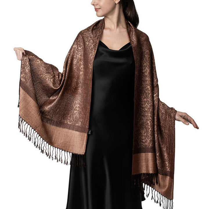 Châle tibétain en jacquard à pompons et Buddha Stones , idéal pour le printemps, l'automne et l'hiver. Écharpe chaude et confortable. - Verge d'or foncée 180*70cm - image 1