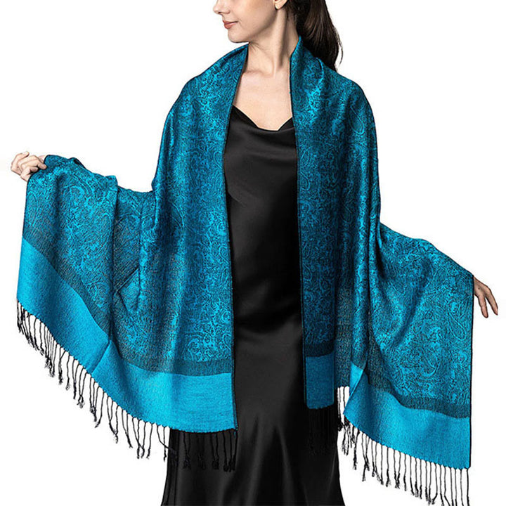 Châle tibétain en jacquard à pompons et Buddha Stones , idéal pour le printemps, l'automne et l'hiver. Écharpe chaude et confortable. - DodgerBlue 180*70cm - image 9