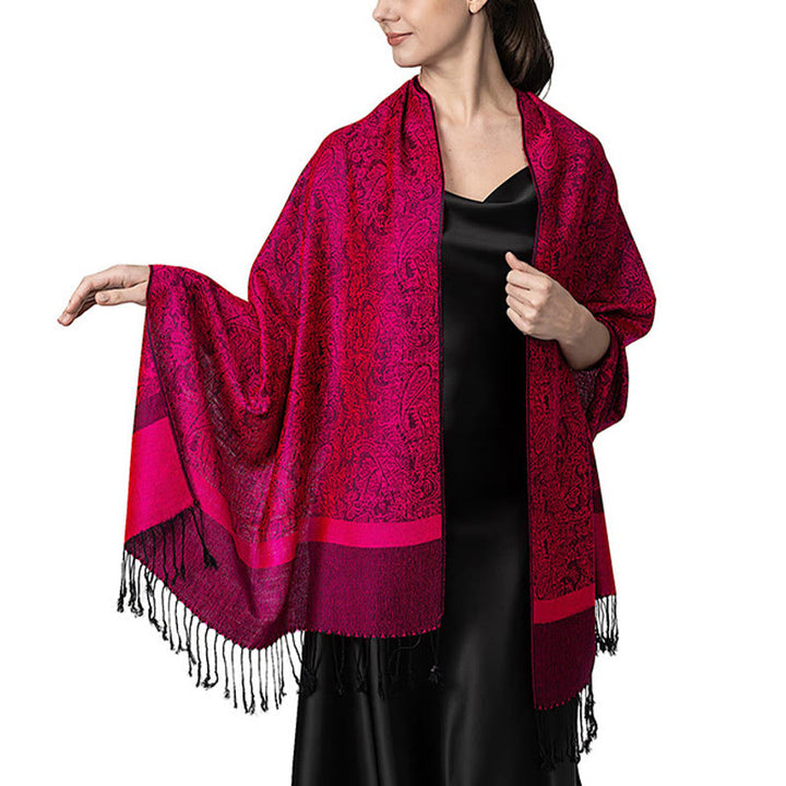 Châle tibétain en jacquard à pompons et Buddha Stones , idéal pour le printemps, l'automne et l'hiver. Écharpe chaude et confortable. - Rose foncé 180*70cm - image 14