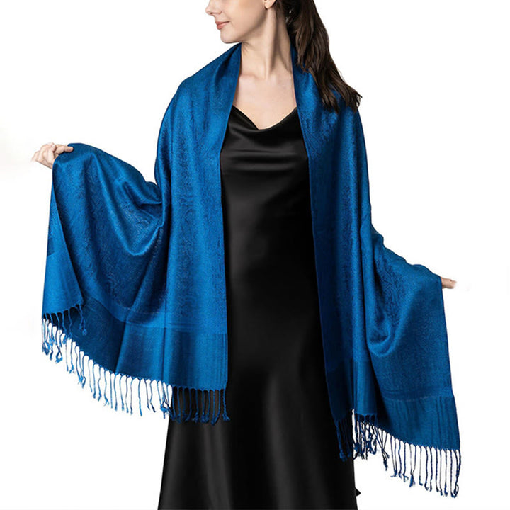 Châle tibétain en jacquard à pompons et Buddha Stones , idéal pour le printemps, l'automne et l'hiver. Écharpe chaude et confortable. - Bleu moyen 180*70cm - image 19