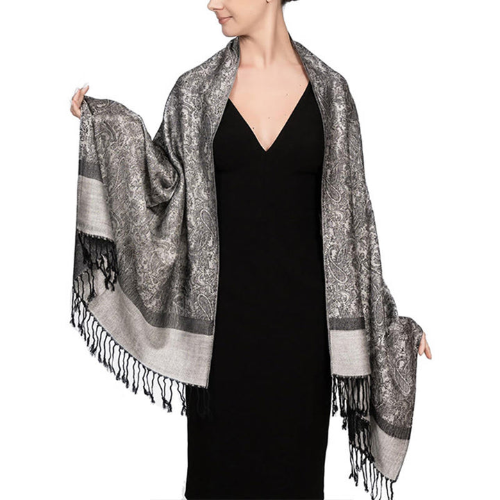 Châle tibétain en jacquard à pompons et Buddha Stones , idéal pour le printemps, l'automne et l'hiver. Écharpe chaude et confortable. - Argent 180*70cm - image 21