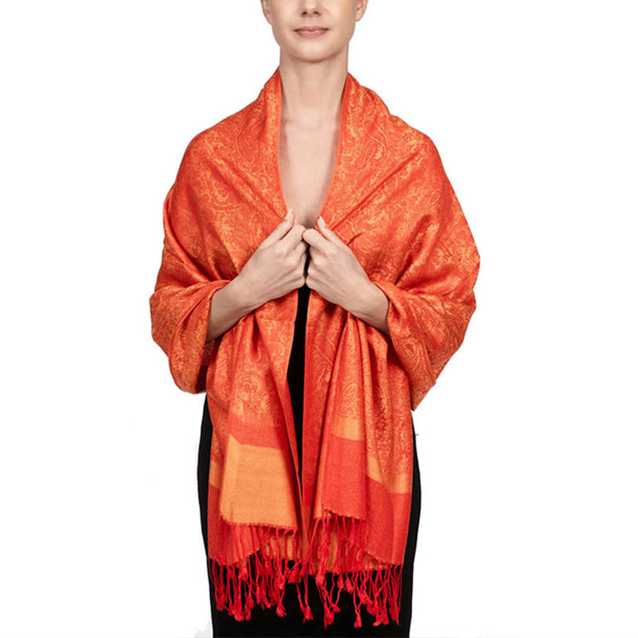 Châle tibétain en jacquard à pompons et Buddha Stones , idéal pour le printemps, l'automne et l'hiver. Écharpe chaude et confortable. - Orange foncé 180*70cm - image 27