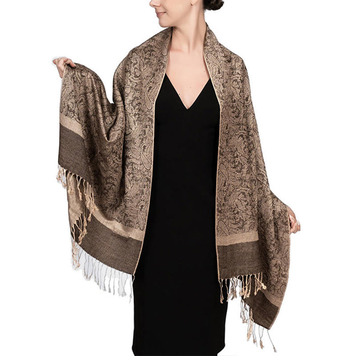Châle tibétain en jacquard à pompons et Buddha Stones , idéal pour le printemps, l'automne et l'hiver. Écharpe chaude et confortable. - Kaki foncé 180*70cm - image 29