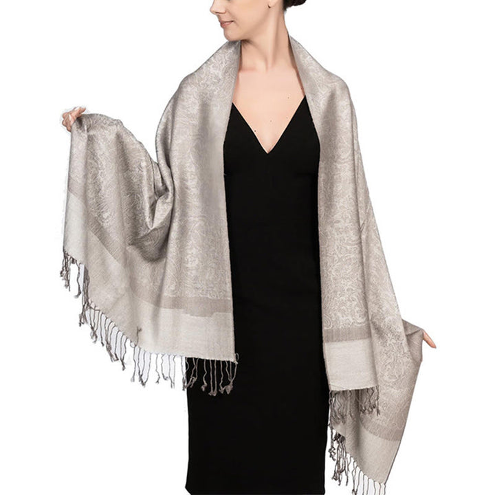 Châle tibétain en jacquard à pompons et Buddha Stones , idéal pour le printemps, l'automne et l'hiver. Écharpe chaude et confortable. - Blanc antique 180*70cm - image 30
