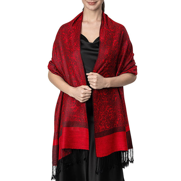 Châle tibétain en jacquard à pompons et Buddha Stones , idéal pour le printemps, l'automne et l'hiver. Écharpe chaude et confortable. - Rouge 180*70cm - image 24