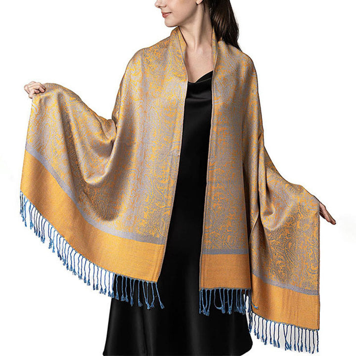 Châle tibétain en jacquard à pompons et Buddha Stones , idéal pour le printemps, l'automne et l'hiver. Écharpe chaude et confortable. - Or 180*70cm - image 32