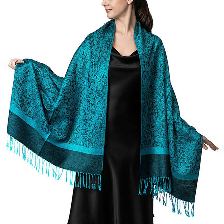 Châle tibétain en jacquard à pompons et Buddha Stones , idéal pour le printemps, l'automne et l'hiver. Écharpe chaude et confortable. - Cyan foncé 180*70cm - image 37