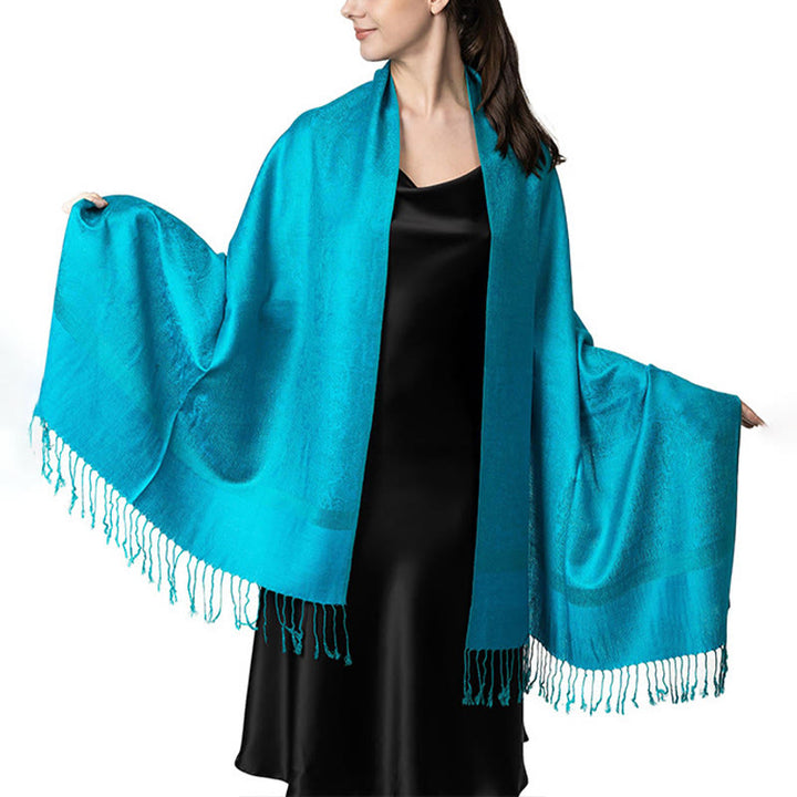 Châle tibétain en jacquard à pompons et Buddha Stones , idéal pour le printemps, l'automne et l'hiver. Écharpe chaude et confortable. - Cyan 180*70cm - image 38