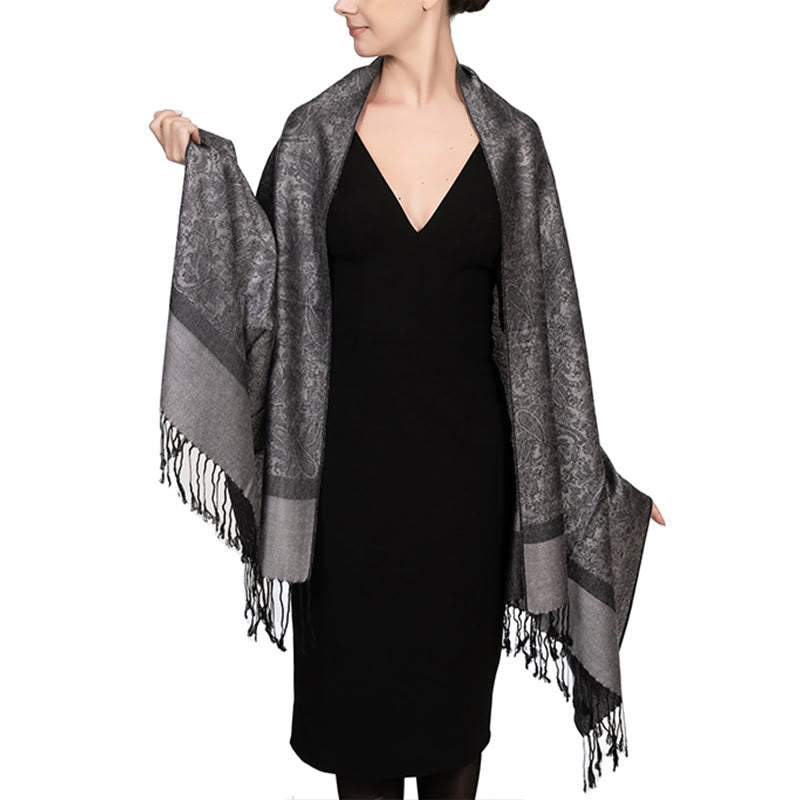 Châle tibétain en jacquard à pompons et Buddha Stones , idéal pour le printemps, l'automne et l'hiver. Écharpe chaude et confortable. - Gris 180*70cm - image 39