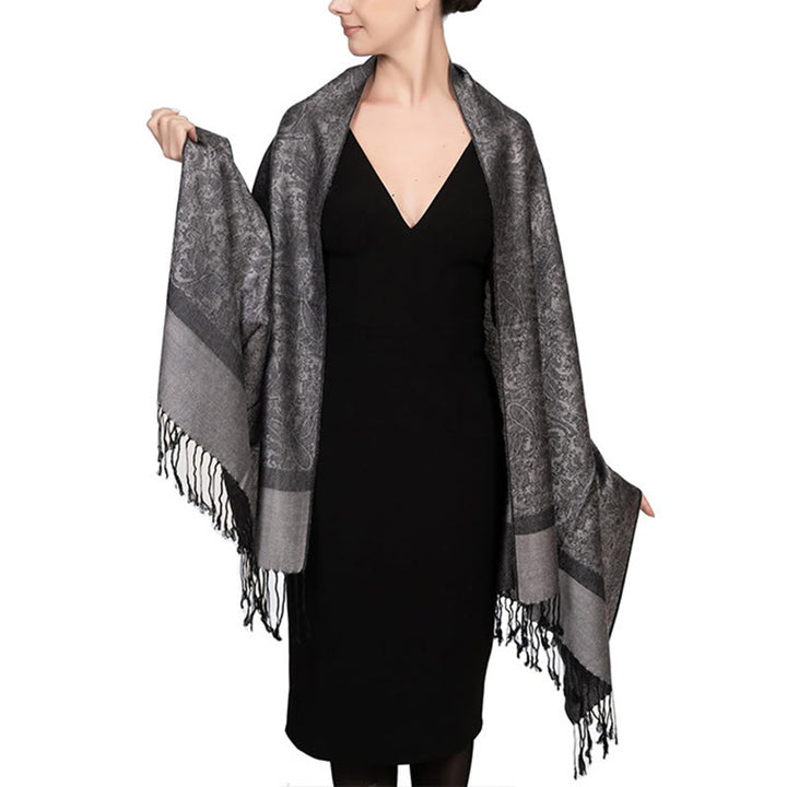 Châle tibétain en jacquard à pompons et Buddha Stones , idéal pour le printemps, l'automne et l'hiver. Écharpe chaude et confortable. - Gris 180*70cm - image 39