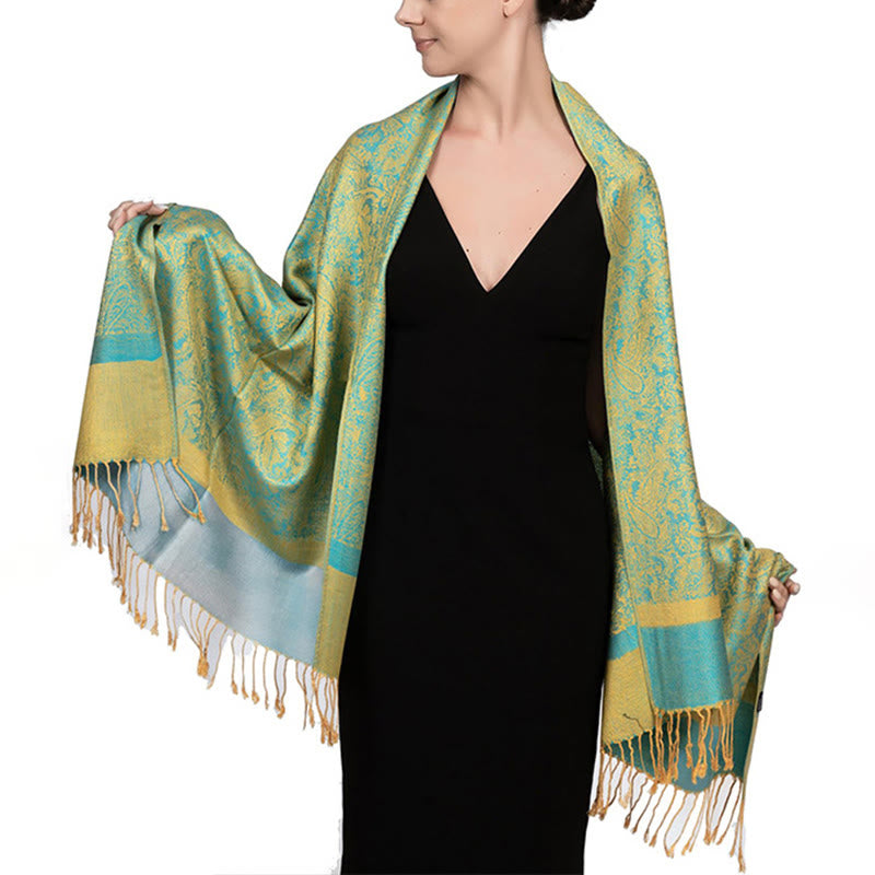 Châle tibétain en jacquard à pompons et Buddha Stones , idéal pour le printemps, l'automne et l'hiver. Écharpe chaude et confortable. - Vert pâle 180*70cm - image 44