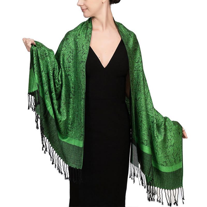 Châle tibétain en jacquard à pompons et Buddha Stones , idéal pour le printemps, l'automne et l'hiver. Écharpe chaude et confortable. - Vert forêt 180*70cm - image 45