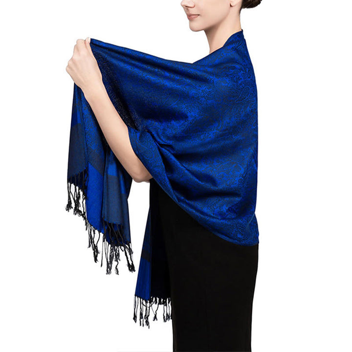 Châle tibétain en jacquard à pompons et Buddha Stones , idéal pour le printemps, l'automne et l'hiver. Écharpe chaude et confortable. - Bleu marine 180*70cm - image 46