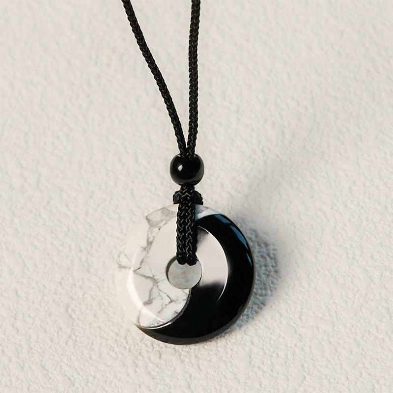 Collier avec pendentif en corde tressée et Buddha Stones en obsidienne noire naturelle et turquoise blanche, boucle de paix Yin Yang