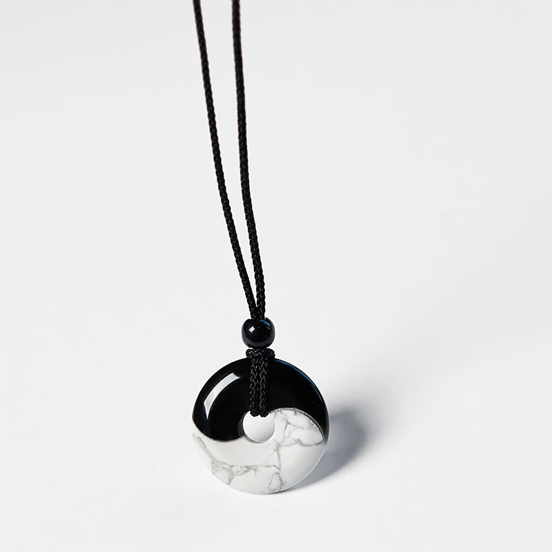 Collier avec pendentif en corde tressée et Buddha Stones en obsidienne noire naturelle et turquoise blanche, boucle de paix Yin Yang