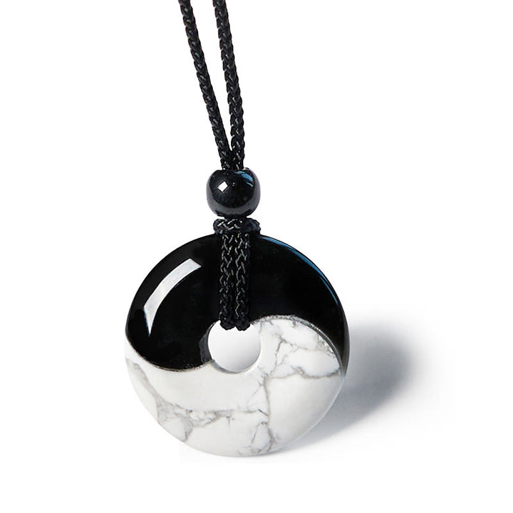 Collier avec pendentif en corde tressée et Buddha Stones en obsidienne noire naturelle et turquoise blanche, boucle de paix Yin Yang
