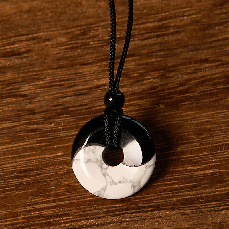 Collier avec pendentif en corde tressée et Buddha Stones en obsidienne noire naturelle et turquoise blanche, boucle de paix Yin Yang