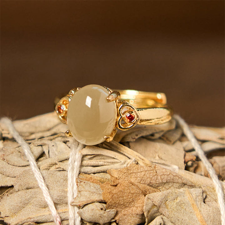 Bague ouverte porte-bonheur en cuivre en forme d'œuf de jade Hetian naturel en Buddha Stones
