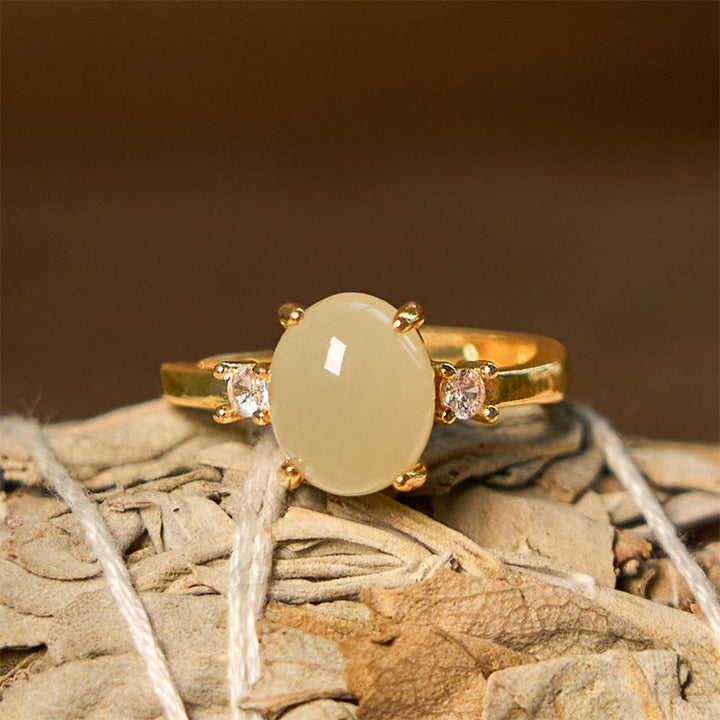 Bague de prospérité en cuivre et zircone en jade Hetian naturel Buddha Stones