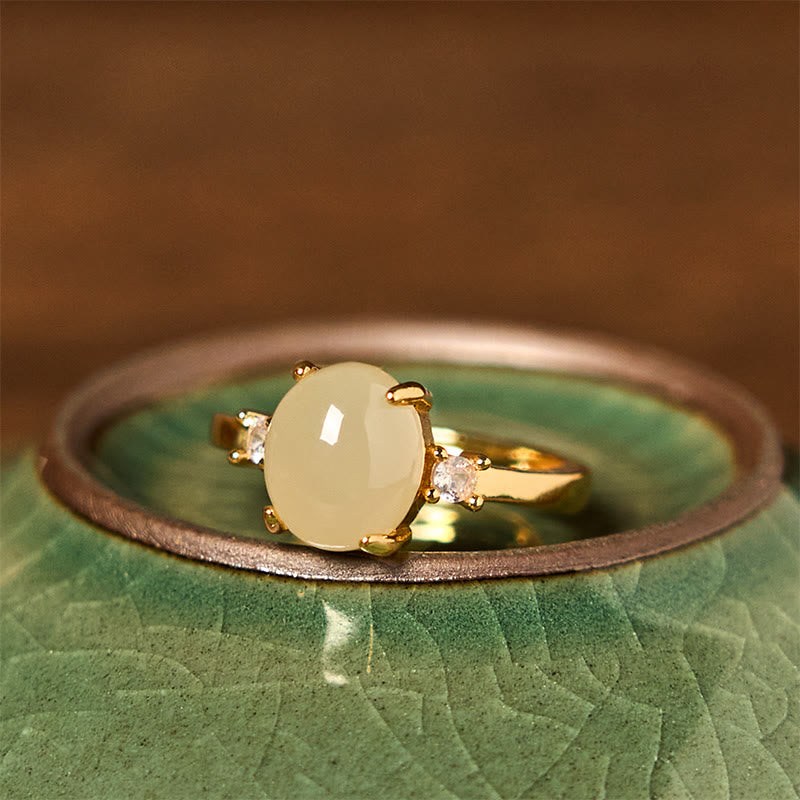 Bague de prospérité en cuivre et zircone en jade Hetian naturel Buddha Stones