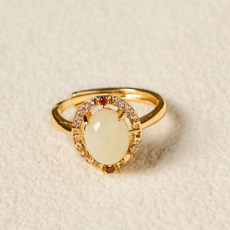 Bague porte-bonheur ouverte en cuivre et zircone en jade Hetian naturel Buddha Stones