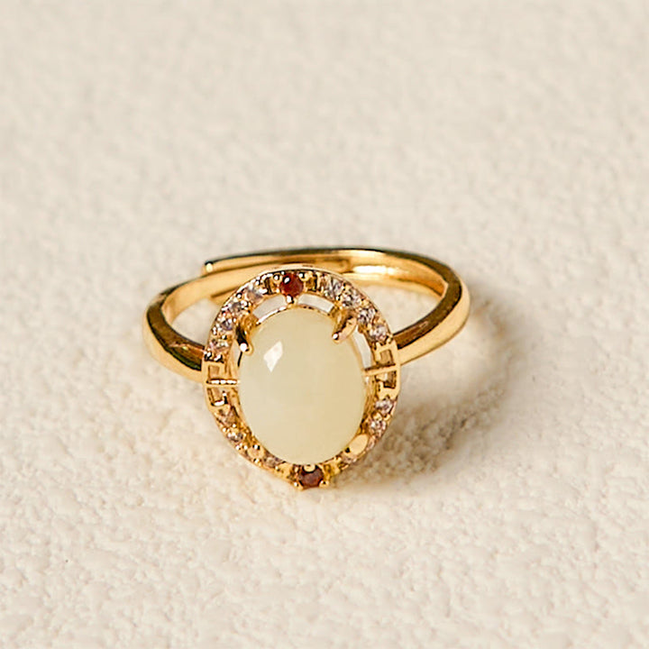 Bague porte-bonheur ouverte en cuivre et zircone en jade Hetian naturel Buddha Stones