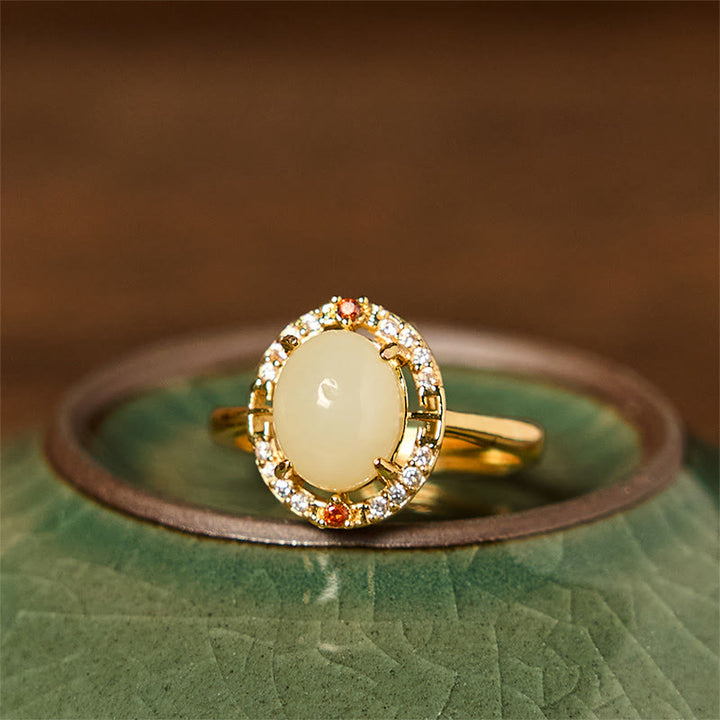 Bague porte-bonheur ouverte en cuivre et zircone en jade Hetian naturel Buddha Stones