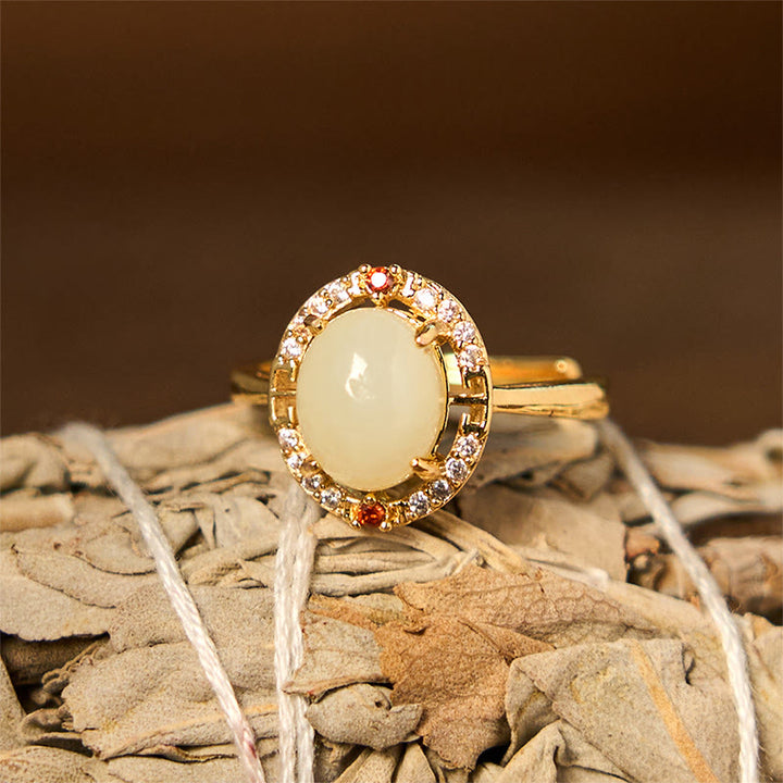 Bague porte-bonheur ouverte en cuivre et zircone en jade Hetian naturel Buddha Stones