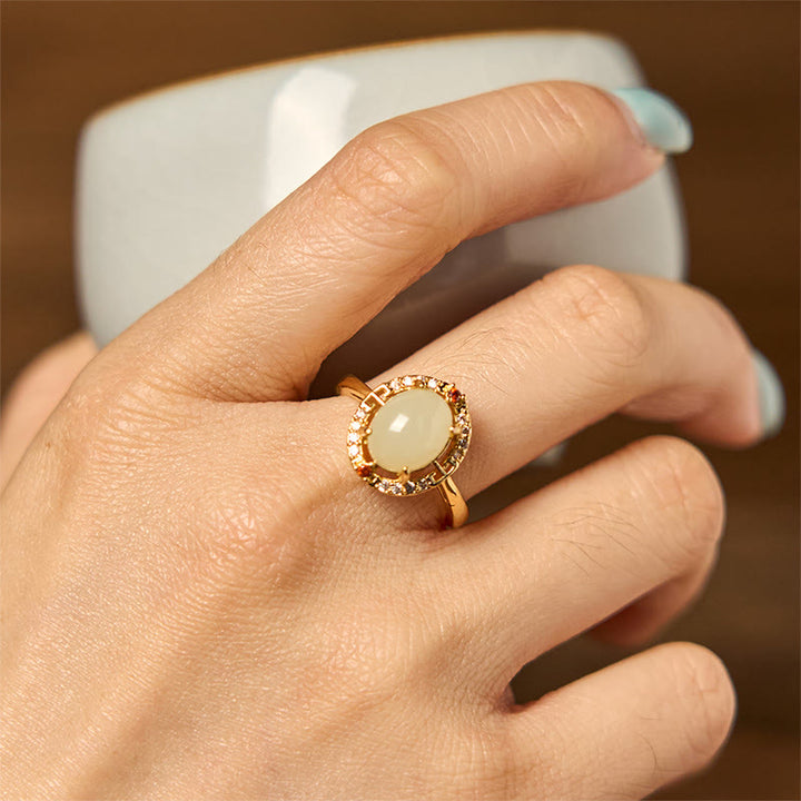 Bague porte-bonheur ouverte en cuivre et zircone en jade Hetian naturel Buddha Stones