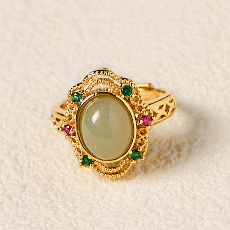 Bague porte-bonheur ouverte en cuivre avec motif creux en forme d'œuf en jade naturel Hetian de Buddha Stones