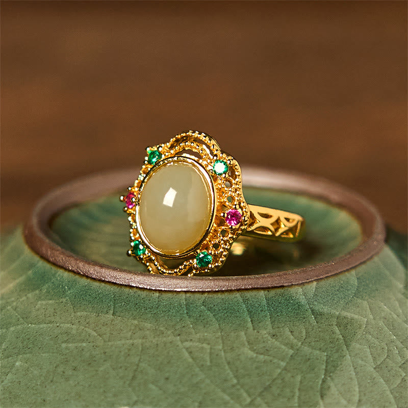 Bague porte-bonheur ouverte en cuivre avec motif creux en forme d'œuf en jade naturel Hetian de Buddha Stones