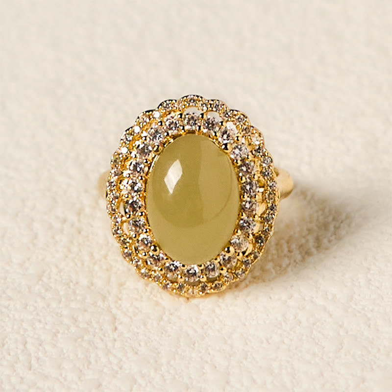 Bague ouverte en cuivre et zircone avec double cercle creux en jade naturel Hetian de Buddha Stones